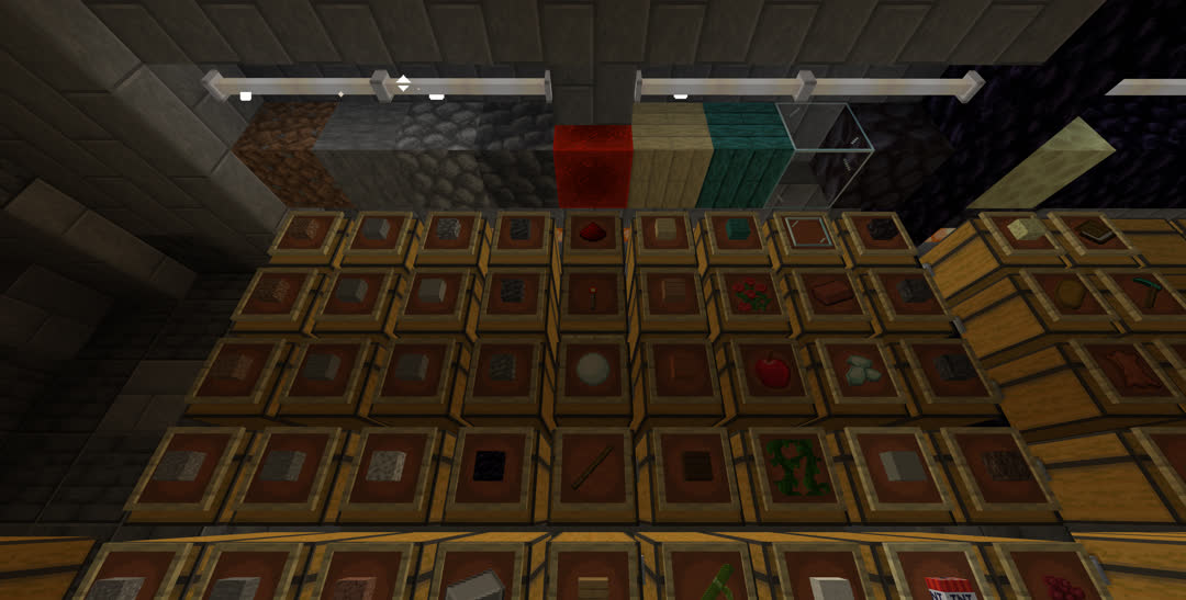 A wall of chests, nine wide, labeled by item frames. The ceiling immediately in front of them is made up of various blocks also serving as labels, with the next row of ceiling blocks removed; horizontal end rods run the length of this gap, except for a half slab in the center.