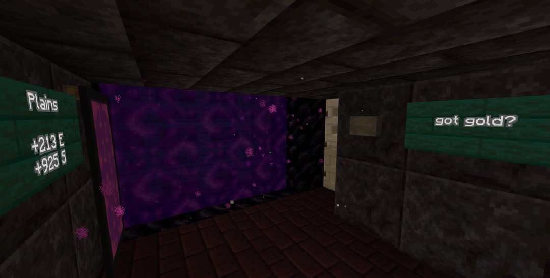 New station with the portal on the far end, polished blackstone walls to the sides, nether brick floor and blackstone brick ceiling. On the left wall are a banner depicting the portal and a sign reading “Plains, +213 E, +925 S”; on the right is a “got gold?” sign next to a stone button and iron door.