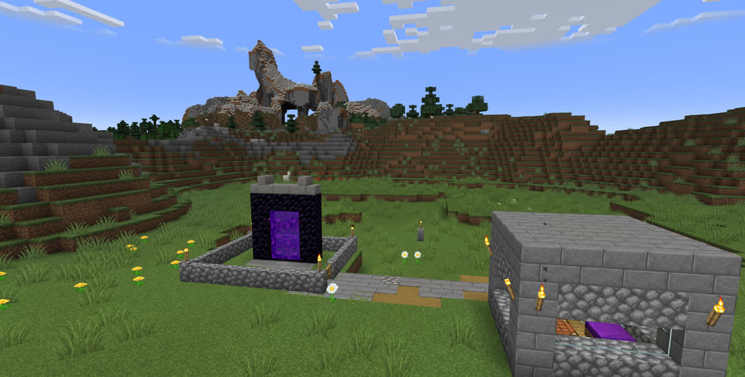 Nether portal with mountains and taiga in the background. The top of the portal is decorated with stone bricks, and a cobblestone wall surrounds it. A boxy shack of stone bricks and cobblestone is about ten meters away from the gate in the wall, and a bed and crafting table are visible through the window.