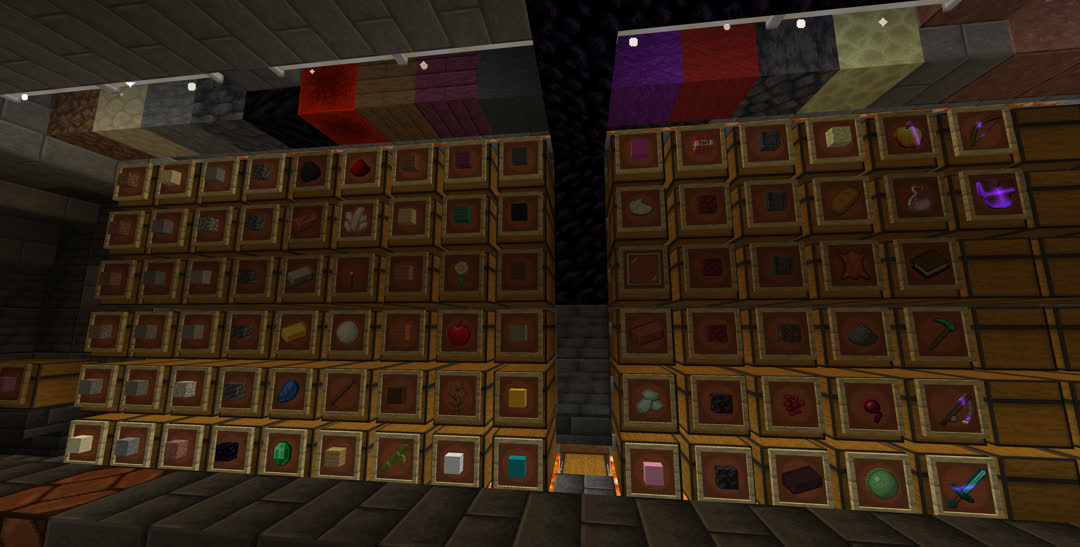 The storage system: Two arrays of double chests, each nine wide by six high. Each chest is labeled by an item frame, and the ceiling along the chests is made up of the same blocks that label the top chests – except for one where a block of red wool tops a chest labeled with TNT. The first array is fully labeled; the other has five full columns but just two chests in use after that.