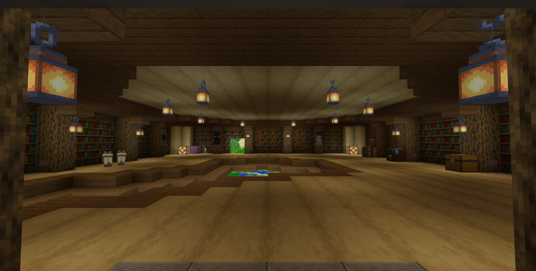 View of the map room from its entrance. The room is squareish, roughly two dozen meters on each side, with floor and ceiling mainly of stripped birch logs running front to back and walls lined with bookshelves. Inset into the floor, rimmed in spruce slabs, is a world map, mostly in the very center of the room but with a long narrow branch out of view into the southwest corner. More stripped birch logs act as pillars in the corners, with redstone lamps at their feet, and the walls are further divided by four oak log pillars each, with the outer pillars holding banners while lanterns hang in front of the inner pillars. A smaller map hangs on the back wall. The ceiling is trimmed with spruce slabs around the outside, while a ring of lanterns hangs closer to the center.