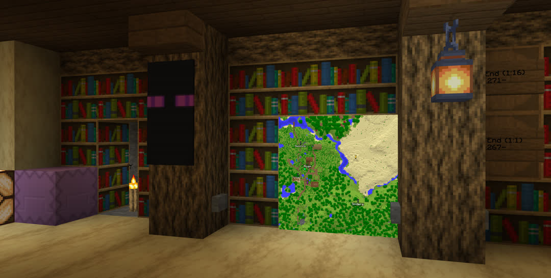 Detail of the room’s northwest corner. A local map of Roam hangs on the wall, and a couple bookshelves are replaced with barrels labeled for maps of the End. Two more bookshelves are missing near the corner with a passage behind.