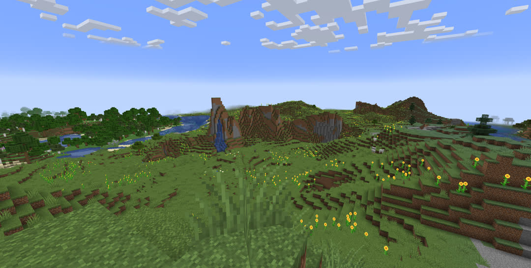Looking down over a valley filled with sunflowers and stretching into the distance. Some cliffs rise in the center; the tallest has a waterfall flowing down from midway up. A flower forest is at the left, across a river and almost to the fog.