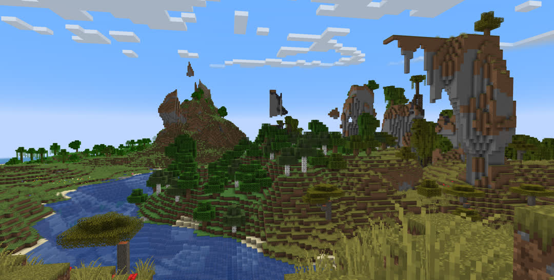 Some “shattered” terrain with a few floating islands over a riverside hill. A variety of biomes are in sight: Savanna in the foreground, forest on the hill, and from left to right in the background there’s ocean, jungle, some sort of mountain, and mangrove swamp.