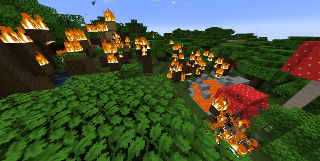 In the canopy of a dark oak forest looking over a raging, widespread fire apparently started by a lava pool.