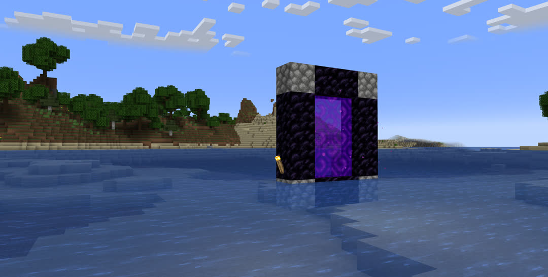 Standing in a shallow Beta ocean with a steep forested rise at the opposite shore. A nether portal with cobblestone corners has been built floating at the water’s surface.