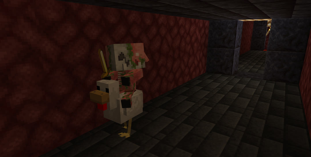 A zombified piglin chicken jockey in an unfinished section of tunnel.