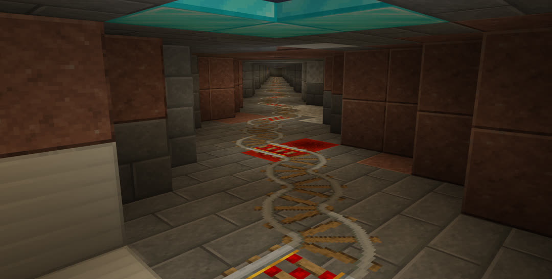 Looking down a diagonal rail tunnel made mostly of stone bricks, with patches of the polished variants of the various decorative stone types. Smaller patches of resource blocks are also visible, most prominently a trio of diamond blocks in the ceiling, along with some iron and redstone.
