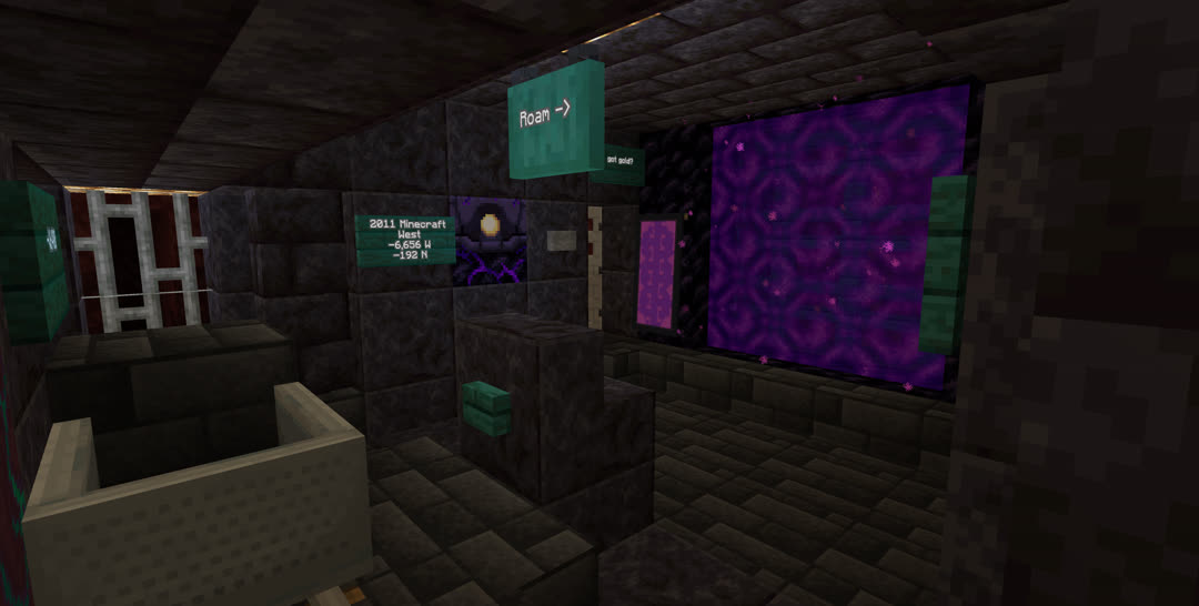 Interior of the new station, made mostly of polished blackstone and deepslate tiles, with a portal at the far end from the track. The opposite wall has a fully‐charged respawn anchor next to a door signed “got gold?”. Other signs note the station name and coordinates, and a hanging sign notes the direction back to Roam.